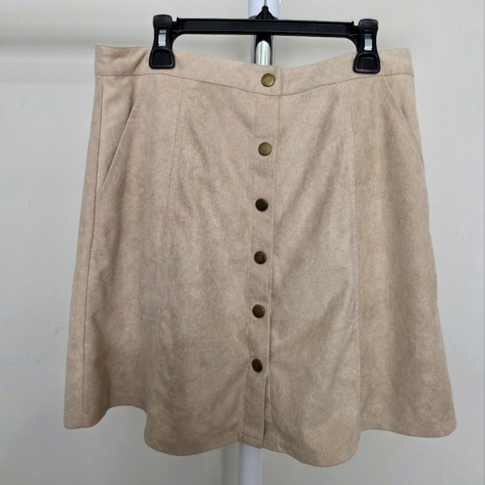 Francescas Mini Faux Suede Beige Full Button Skirt